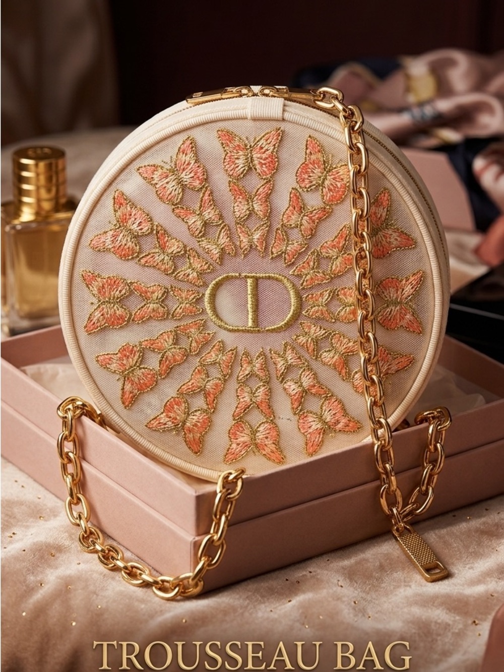 Dior Authentic Round stunningly Embroidered Trousseau Bag w gold chain attached